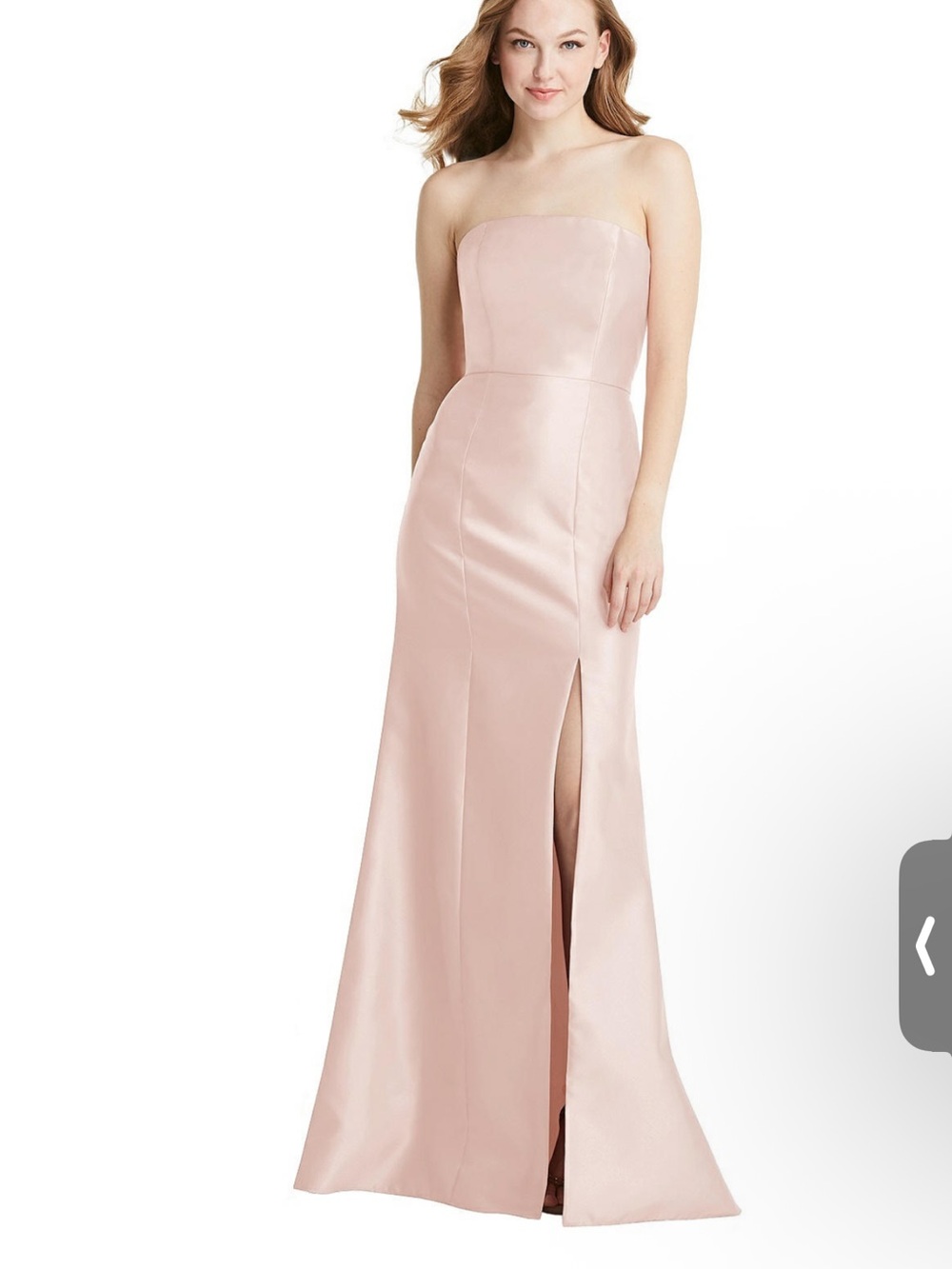 Strapless Light Blush Satin Evening Gown with Front Slit